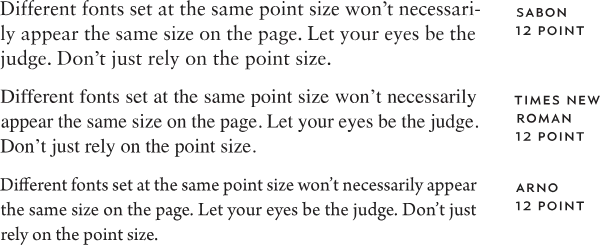 Different fonts set at the same point size won't necessarily appear the same size on the page