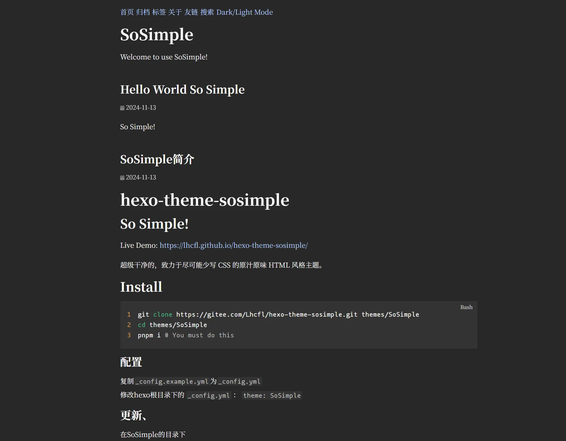 Screenshot of example website of SoSimple theme