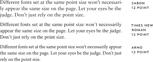 Different fonts set at the same point size won't necessarily appear the same size on the page
